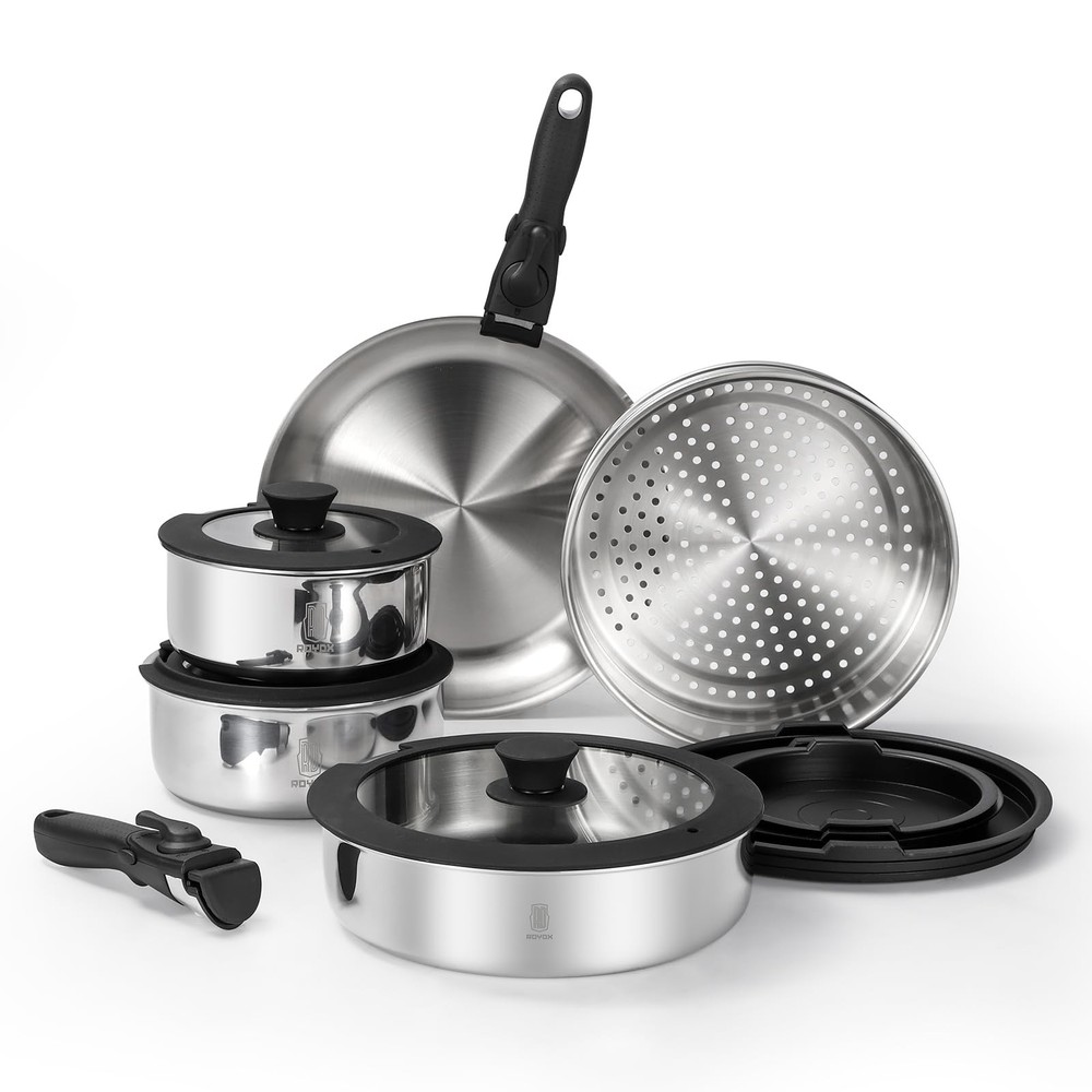 ROYDX 18/10 Stainless Steel 3-Ply Cookware Set with Detachable Handles