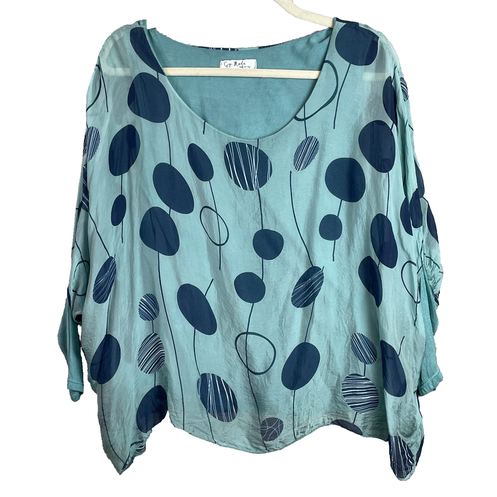 Gigi Moda Top OS Blue Layered Silk Blend Italy Oversized Flowy Beach Lagenlook