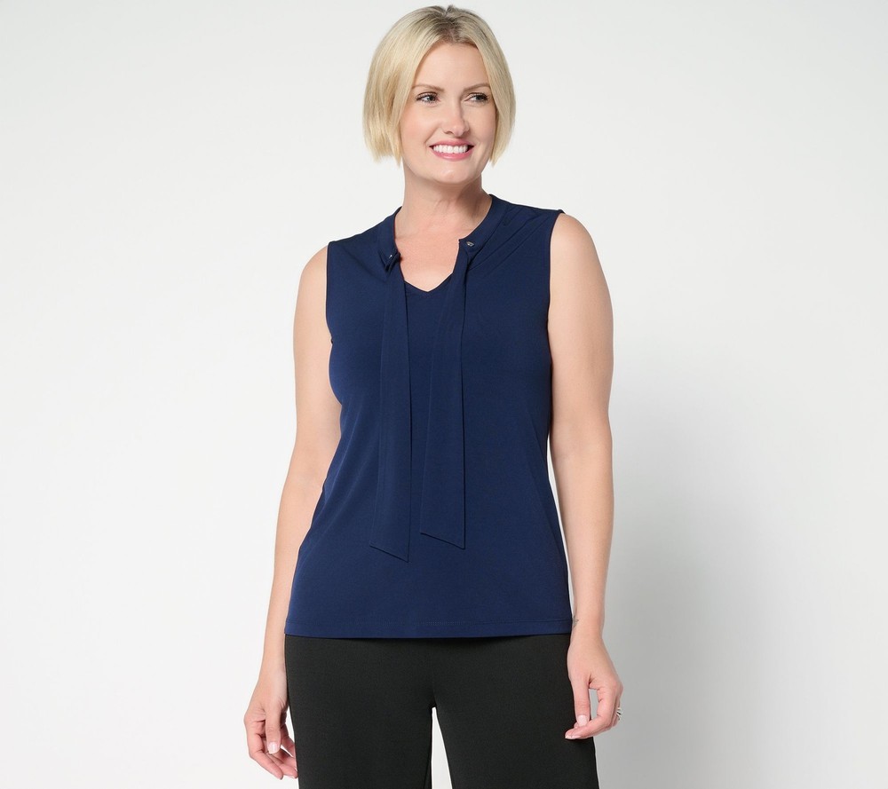 Susan Graver Women's Top Sz M Liquid Knit Sleeveless Tie-Front Shell Blue