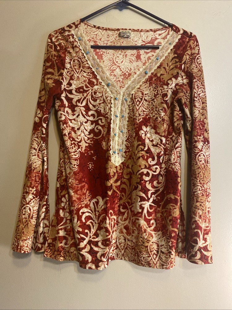 Vintage 579 Women M Paisley Tunic Beaded V Neck Long Sleeve Y2K