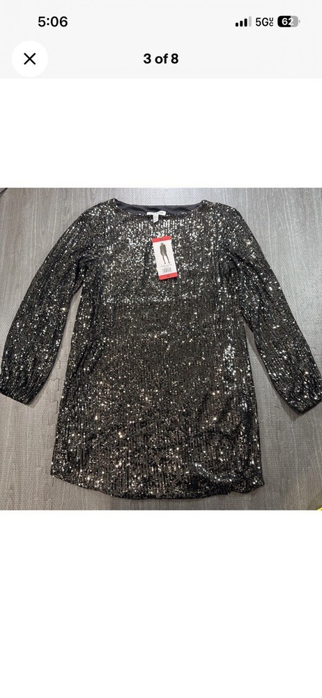 NWT Steve Madden Women's Sequin Mini Long Sleeve Pads Dress, Size M. SILVER,  A2