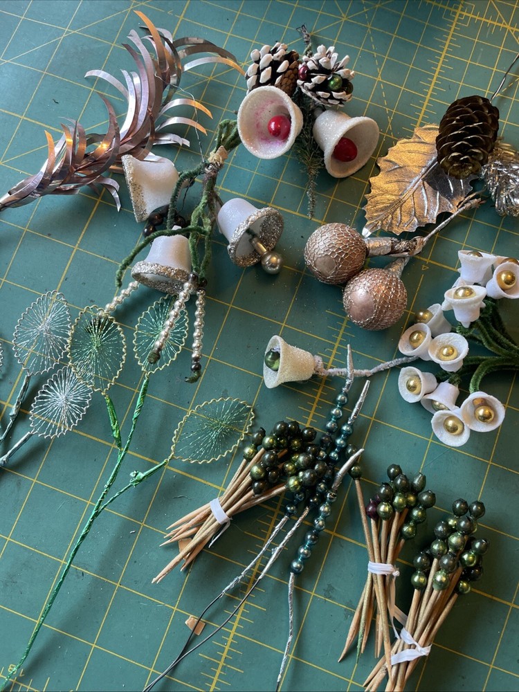 lot Japan small Mercury Glass Xmas picks bells ornaments on chenille wire Stems