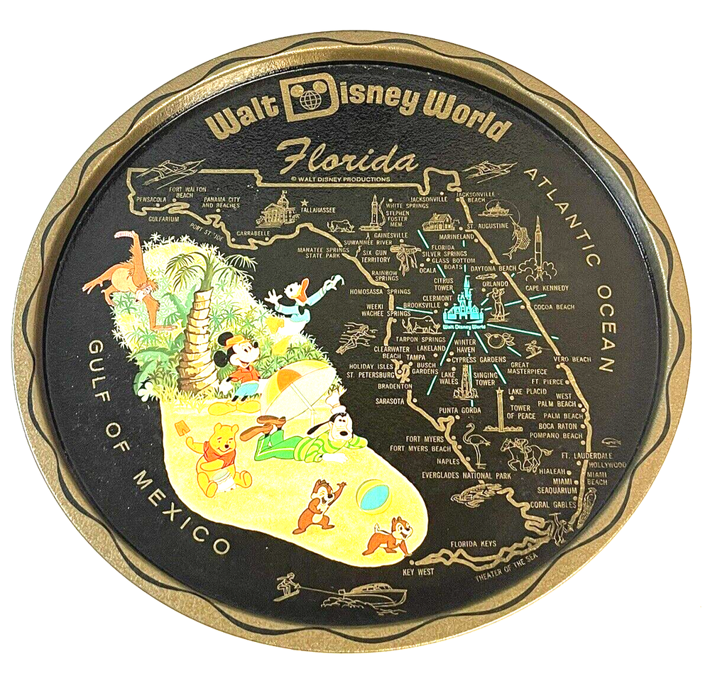 1960s Mickey Mouse Walt Disney World Florida Map Tin Serving Tray Atlantic