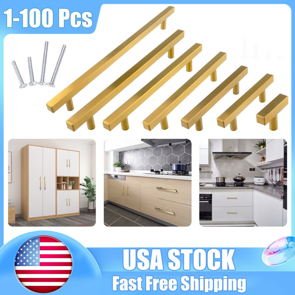 Gold Satin Brass Brushed Modern Cabinet Handles Pulls Kitchen Hardware Stainless