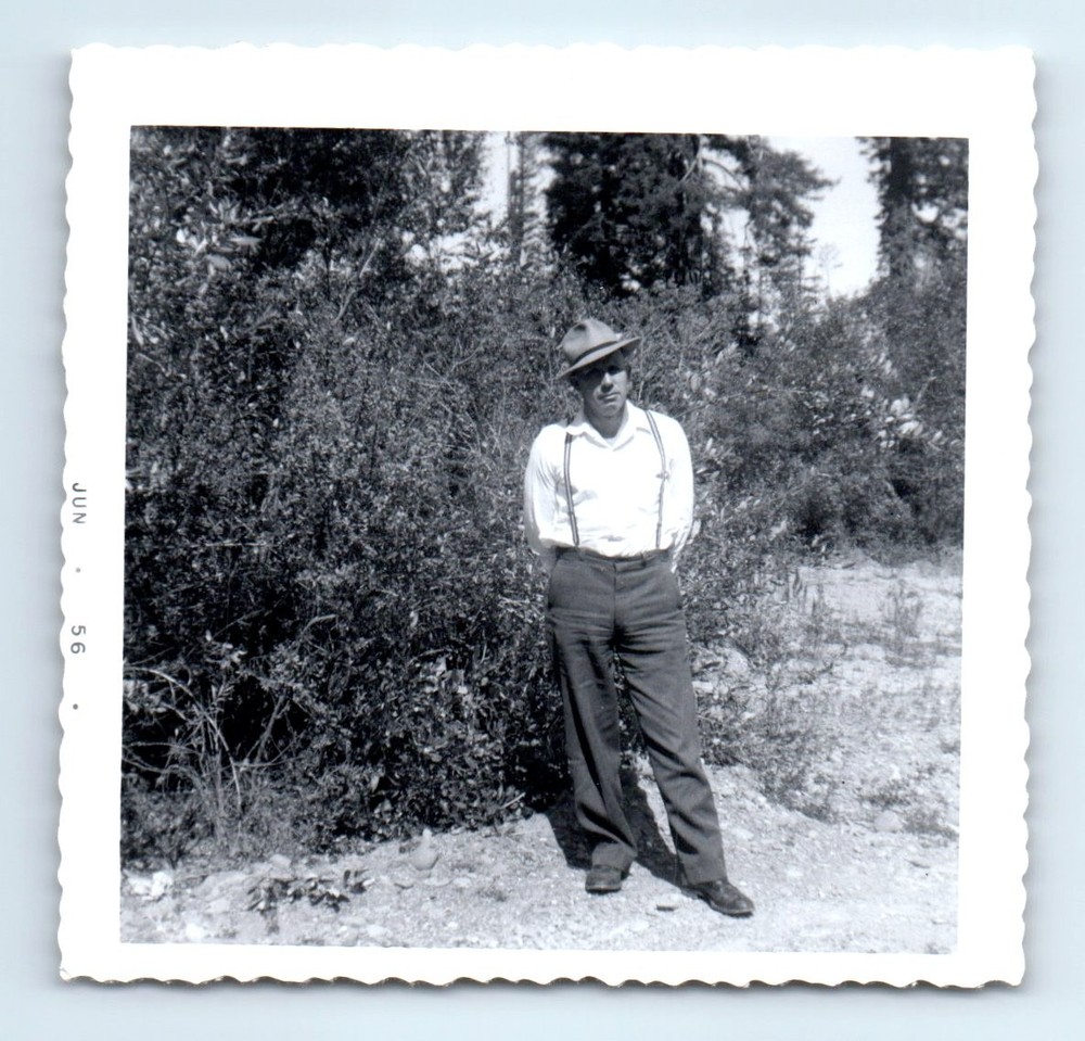 Old Vintage Square Photo SOLO MAN IN FIELD HAT SUSPENDERS 1956 SNAPSHOT
