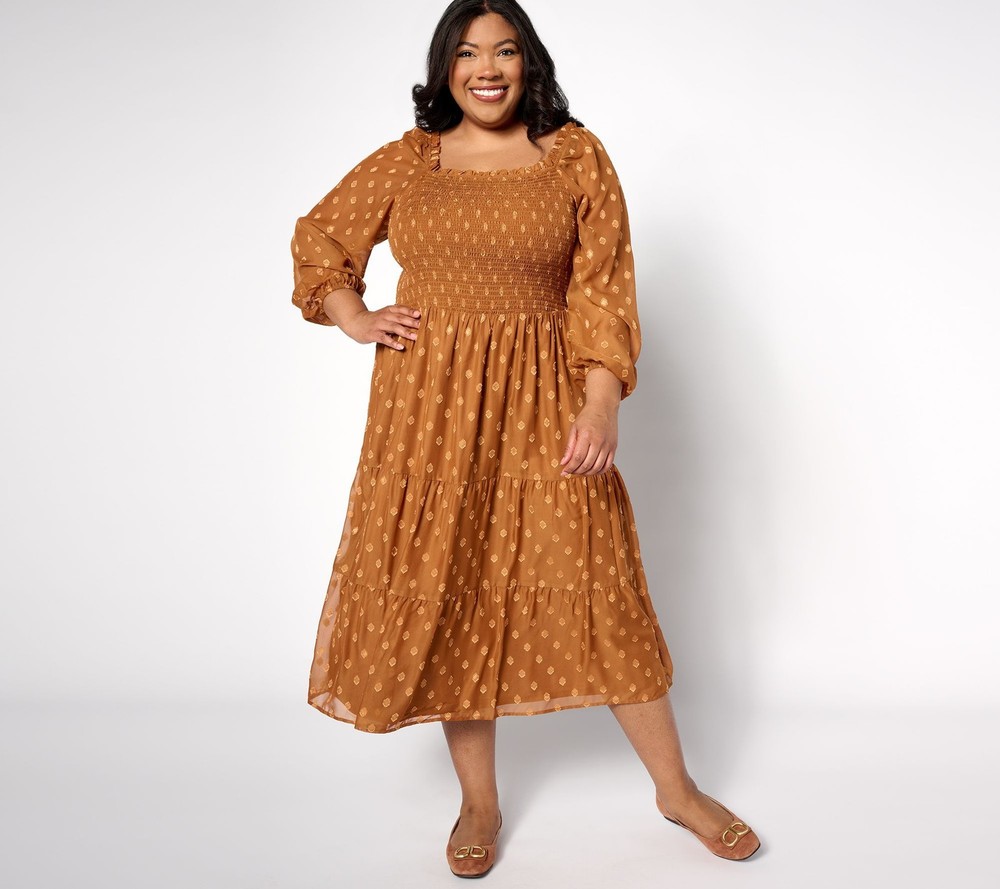 Denim & Co. Women's Dress Sz XL Canyon Retreat Smocked Jacquard Brown A628517