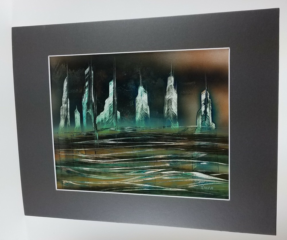 Pillar Landscape Painting by Jason Girard with attached Gray color mat board.