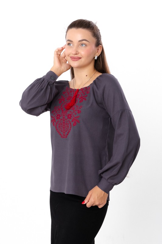 Women’s Embroidered Blouse – Linen & Viscose Fabric, Long Sleeves, Any season...