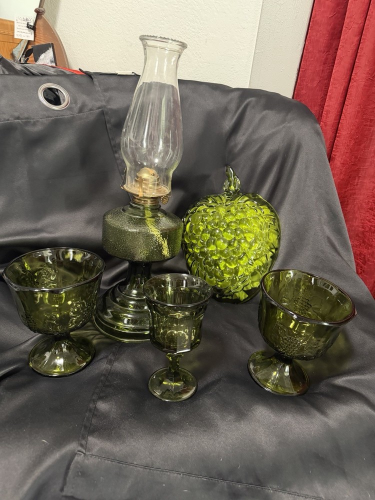 Lot Of Vintage Green Glass Cups, Serving Try, Oil Lamp