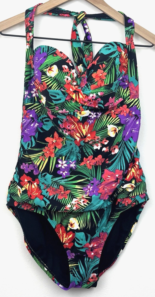 Women’s Tropical Floral One Piece Swimsuit M 8–10 Halter Tummy Control