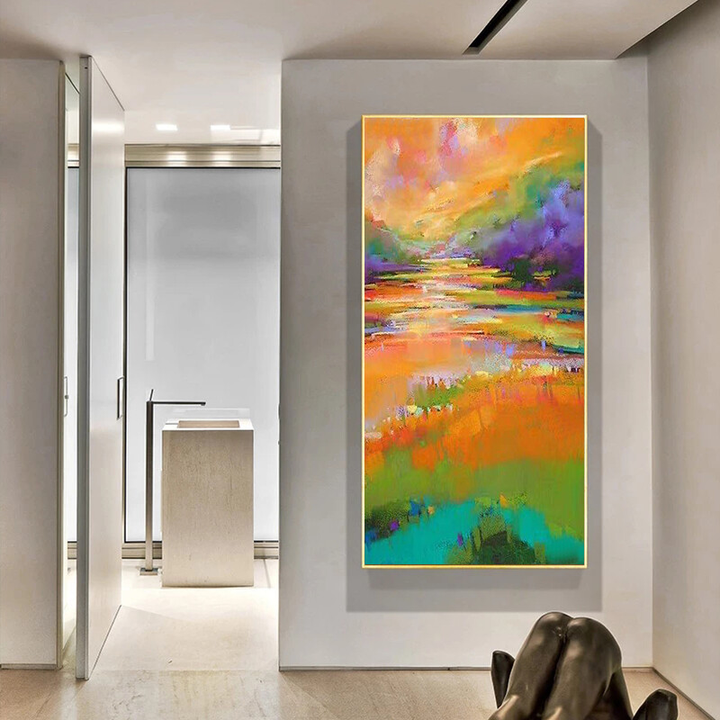 Orange Hand painted Oil Painting Blue Modern Abstract Living Room Bedroom Porch