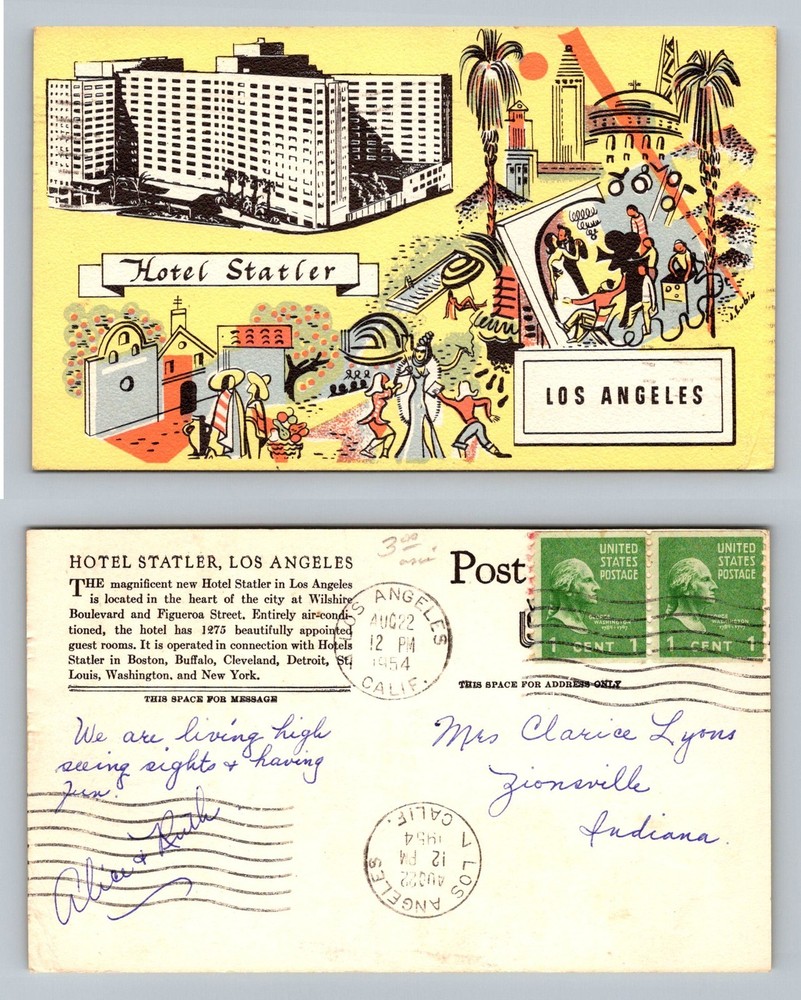Los Angeles, CA-California, Hotel Statler Illustrated Vintage c1954 Postcard