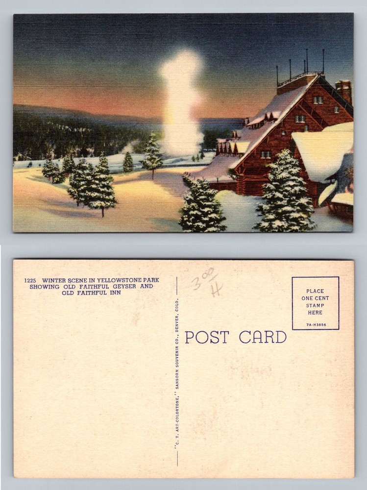 Yellowstone, WY-Wyoming, Old Faithful Geyser Inn Winter Snow Vintage Postcard