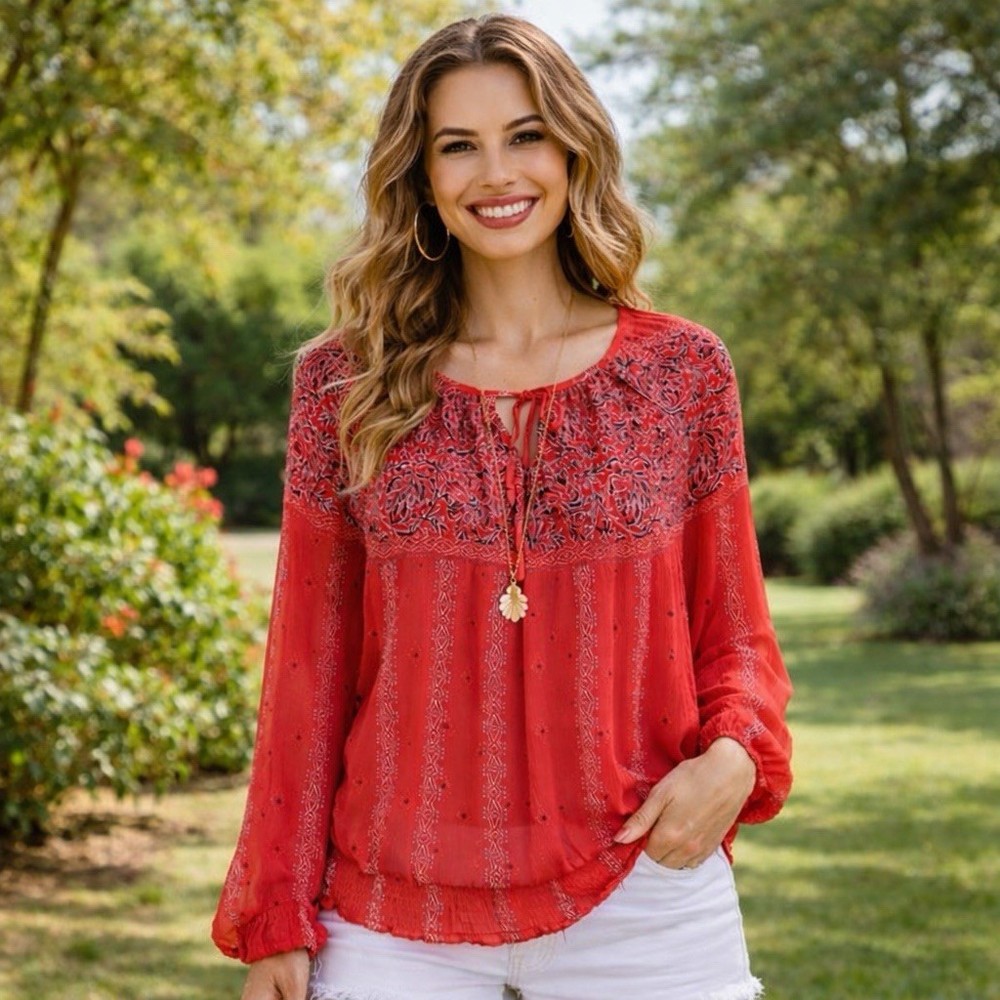LUCKY BRAND Blouse size Small Red Paisley Print Boho Sheer Chiffon Smocked Hem