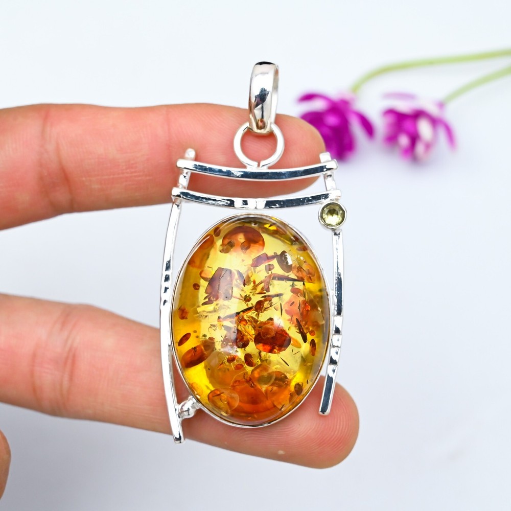 Baltic Amber Citrine Pendant in 925 Sterling Silver Handmade Jewelry Gift