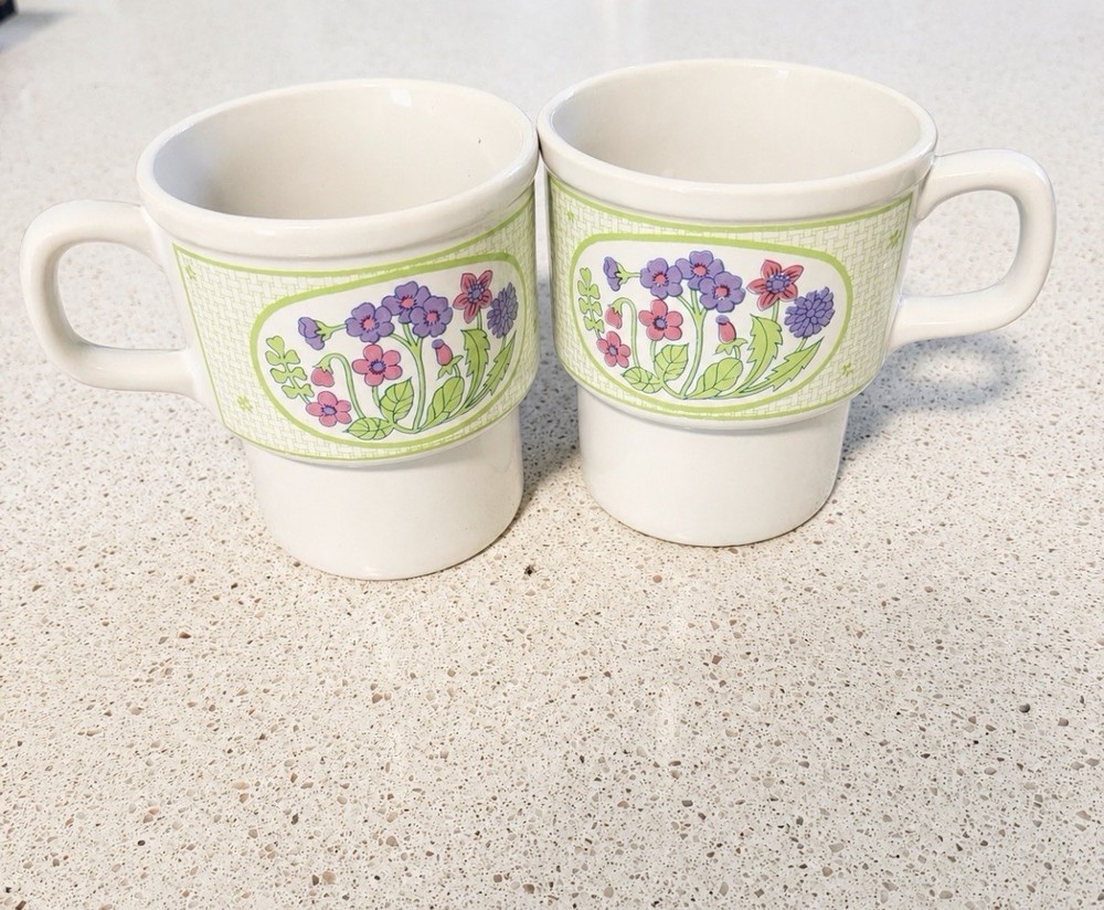 Vintage Westwood Japan Stackable Coffee Mugs Floral Green Purple MCM Set Of 2