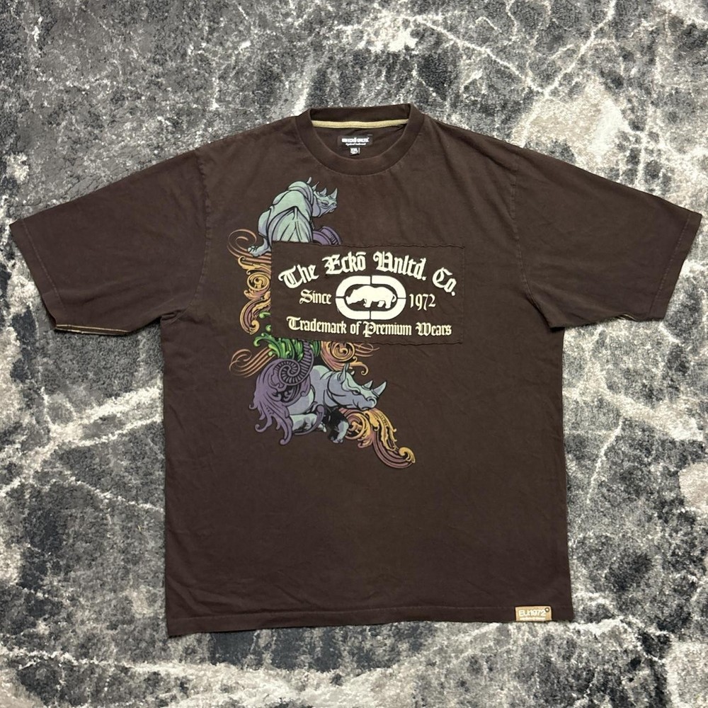 Y2K Ecko Unltd Shirt Mens XXL Brown 2000s Rhino Logo Vintage Grunge Skate Surf
