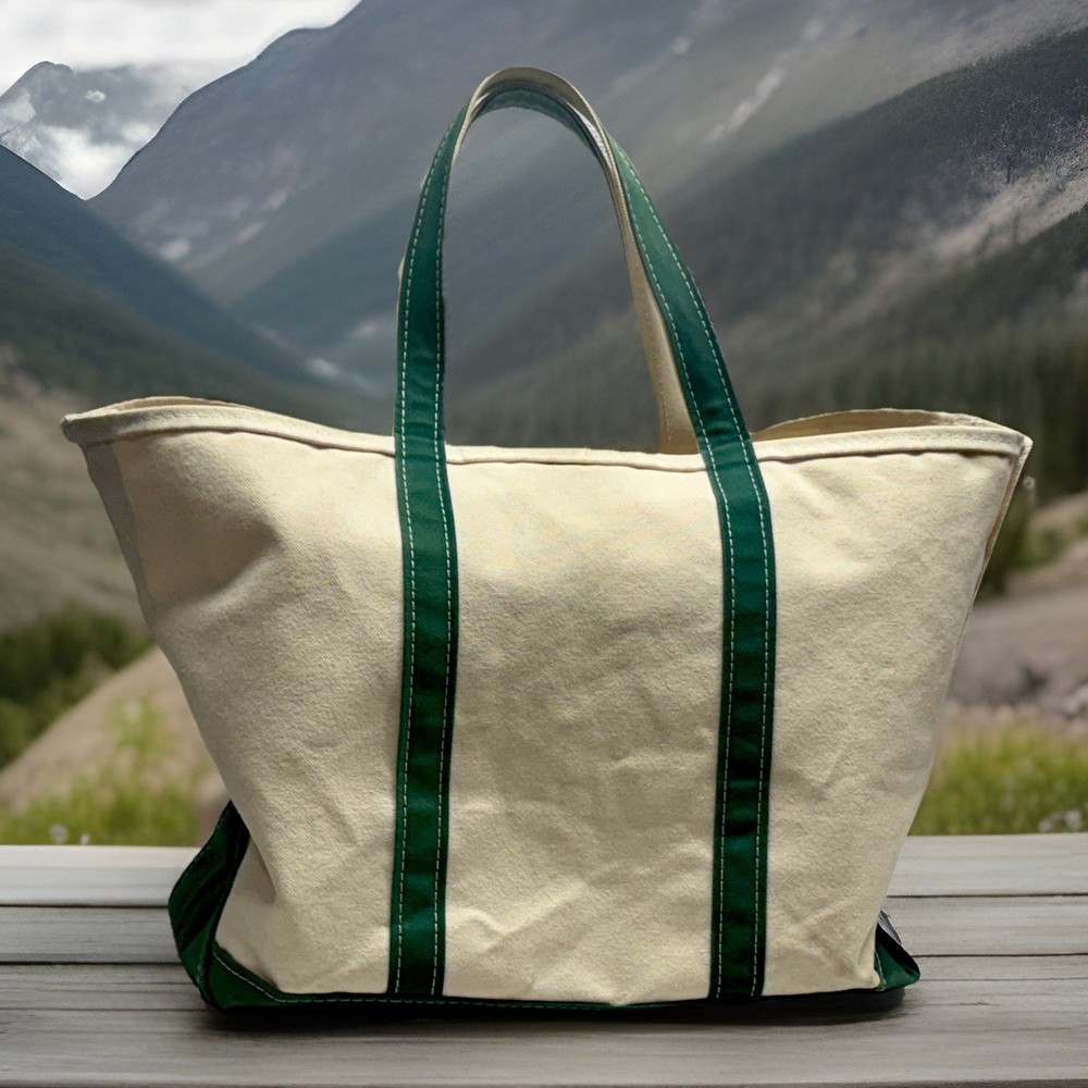 Vintage 90s LL Bean Boat & Tote Bag White/Green Canvas XL  Made in Maine USA