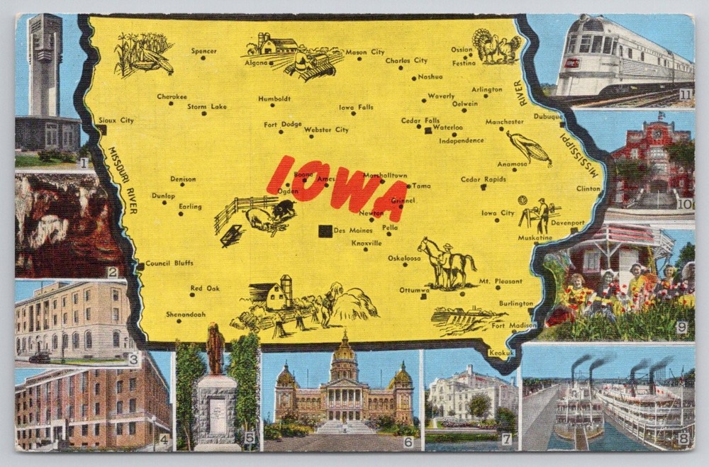 Vintage Iowa State Map Postcard E.C. Kropp Co. Multi-View Cities & Landmarks
