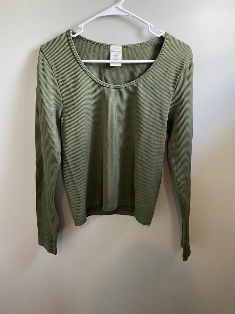 No Boundaries Ribbed Knit Scoop Neck L/S Tee, Olive Green, Girls XL (16/18)