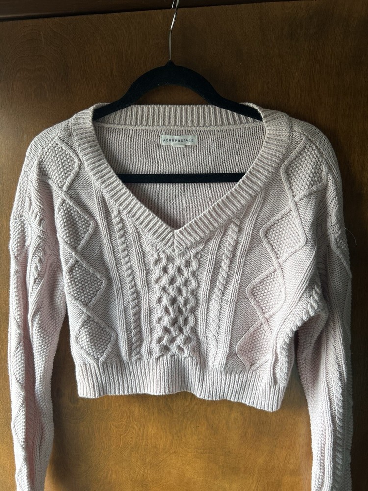 Aéropostale Women’s Cable Knit V-Neck Cropped Pullover Sweater Light Pink XS
