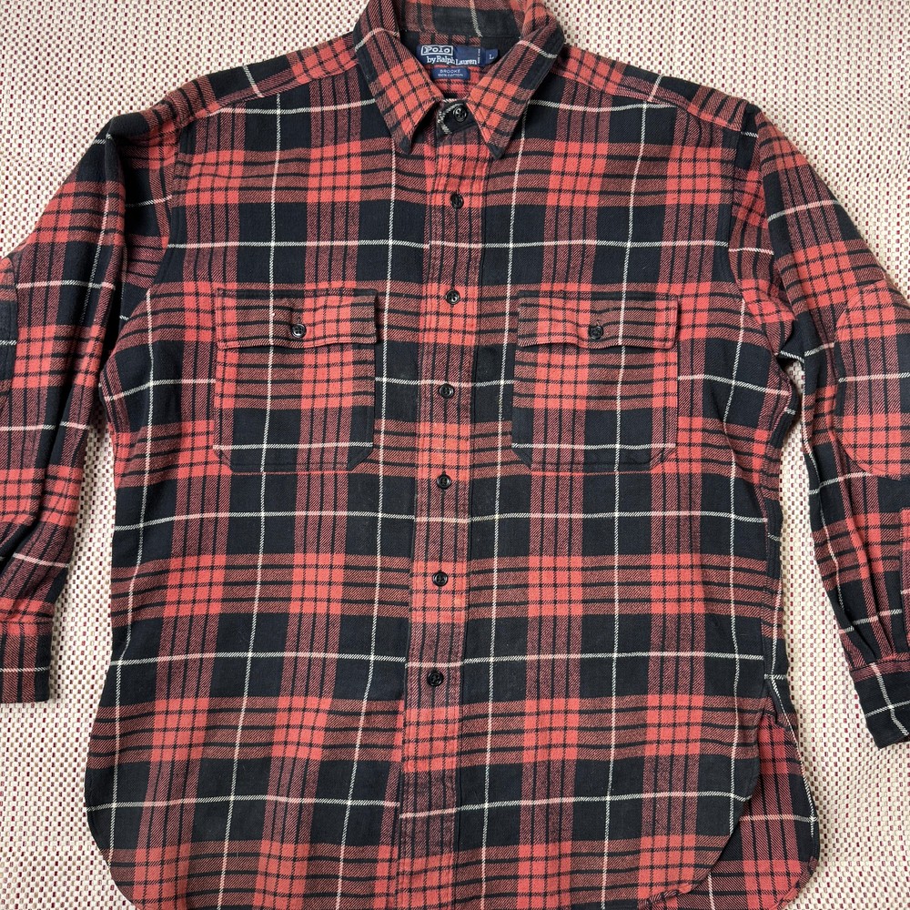 Polo by Ralph Lauren Brooke Flannel Shirt L Red Black Plaid 100% Cotton