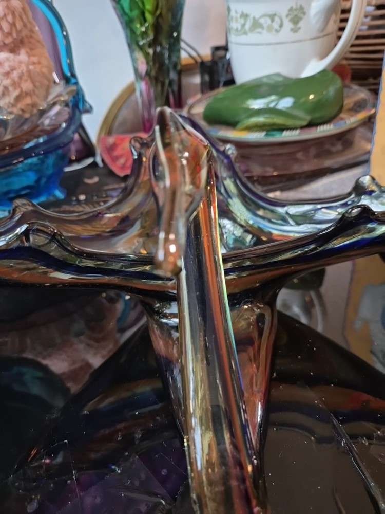 Vintage Hand Blowen  Carnival  Glass Swan Dish Blue And Brown