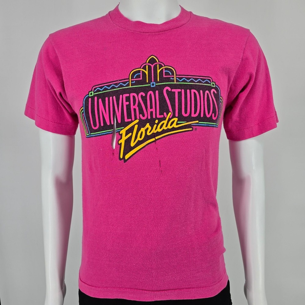 Distressed Vintage 1990s Universal Studios Florida Logo Pink T-Shirt (S)