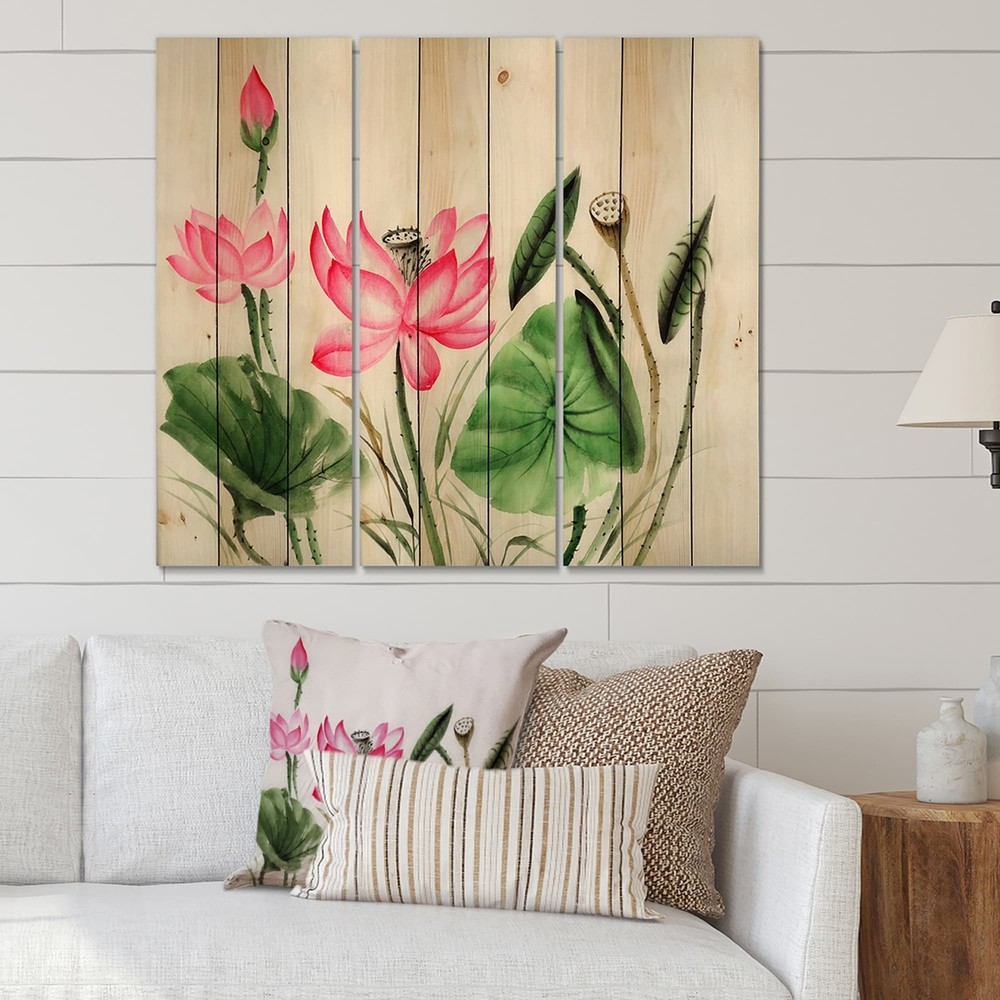 Designart 'Vintage Pink Lotuses In The Pond II' Traditional