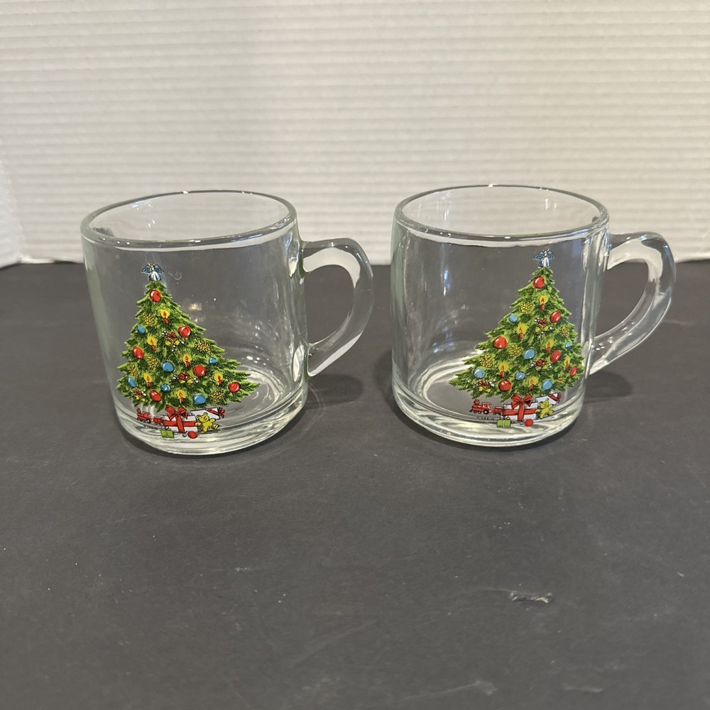 Set of 2 Vintage Sabin Christmas Tree Glass Mugs Holiday Coffee Cups