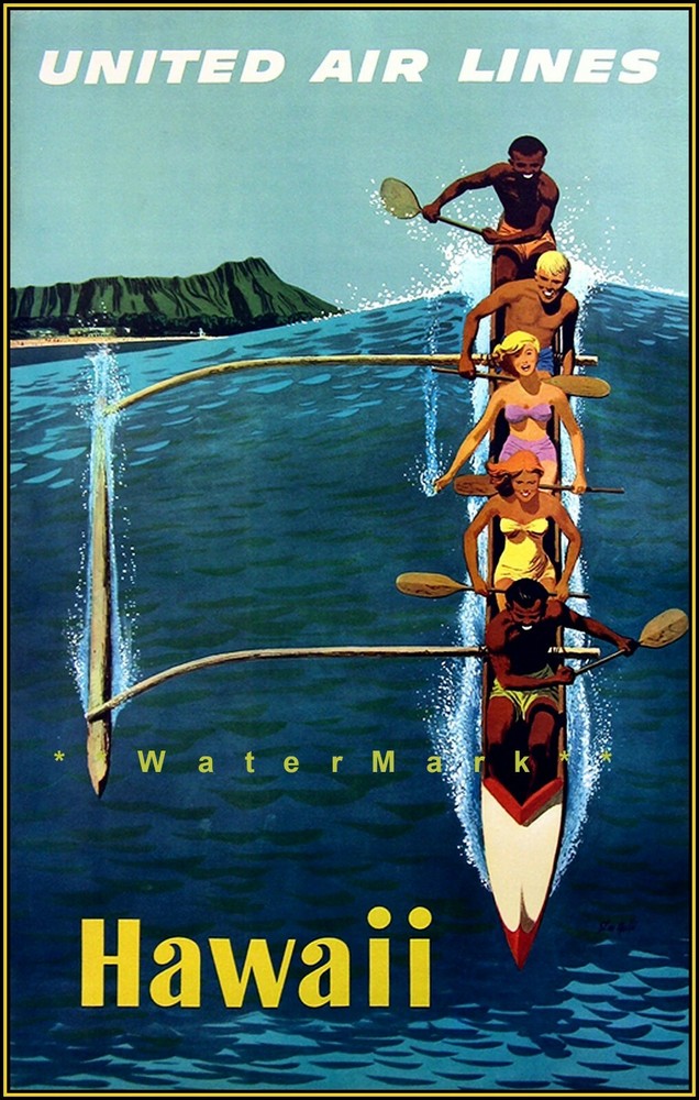 Hawaii 1960 United Vintage Poster Print Travel Airlines Outrigger Canoe