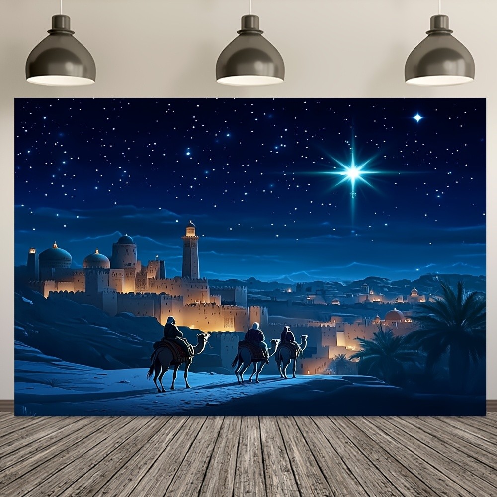 2D Flat, 1pc Large Nativity Scene Banner - Starry Night Bethlehem Backdrop with