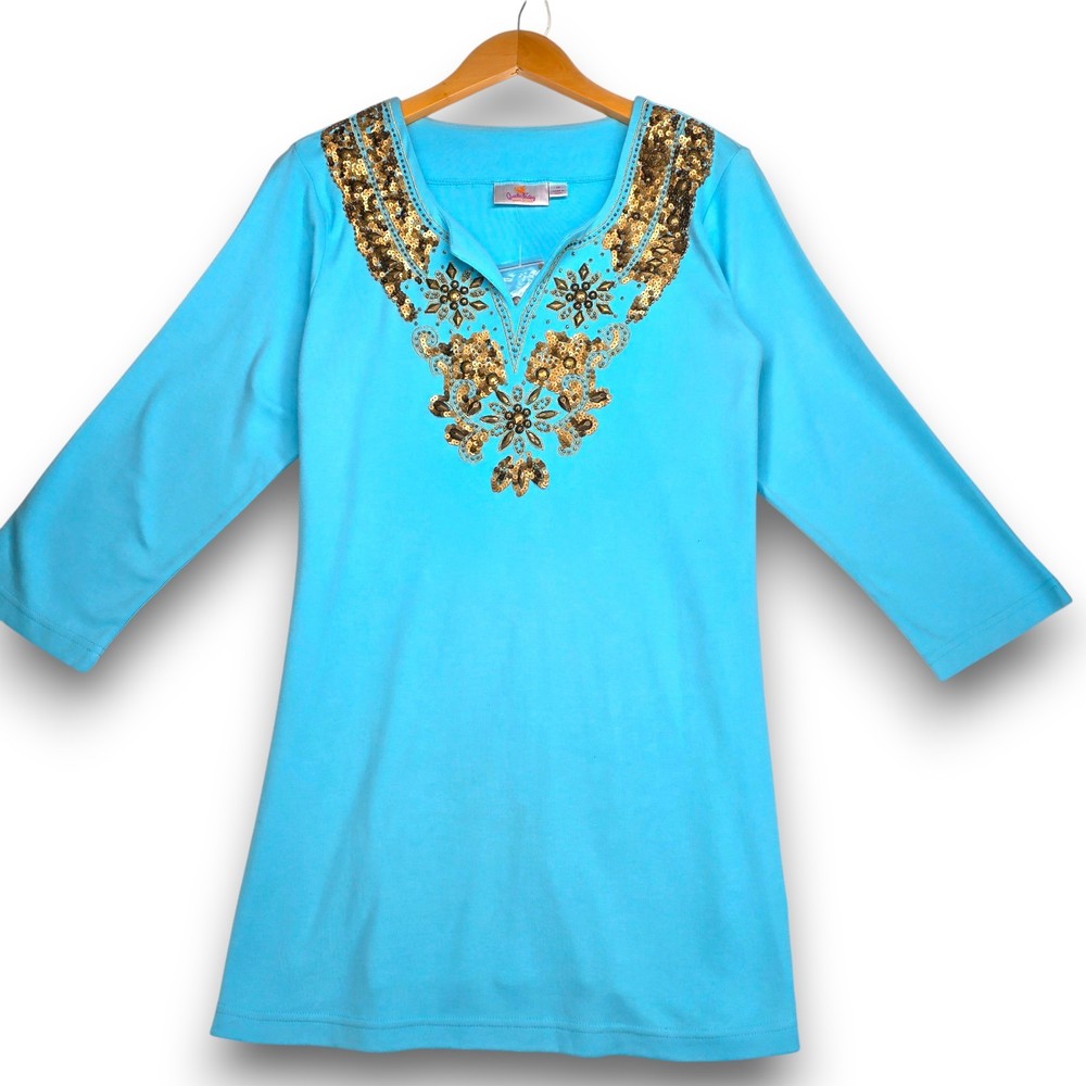 QUACKER FACTORY Women's Long Sleeve Tunic Top Shirt Medium Blue Gold Embroidery