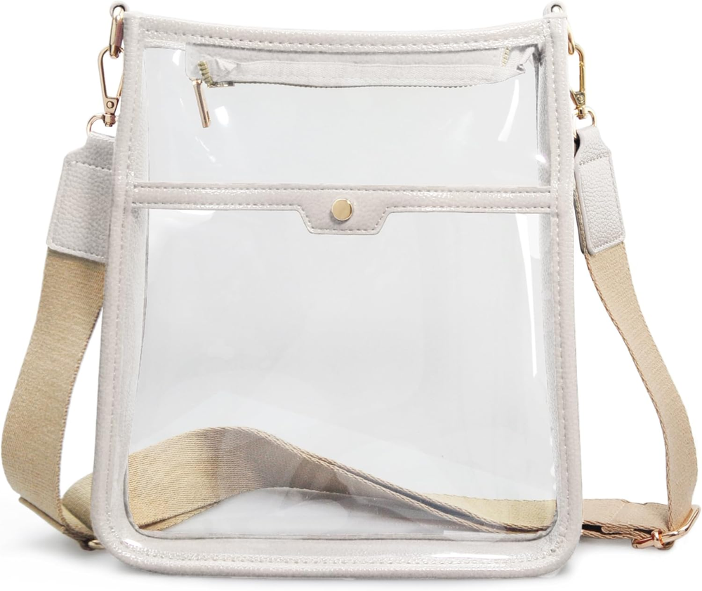 Women's Clear PVC Crossbody Bag with Zipper Pocket & Vegan Leather Strap  