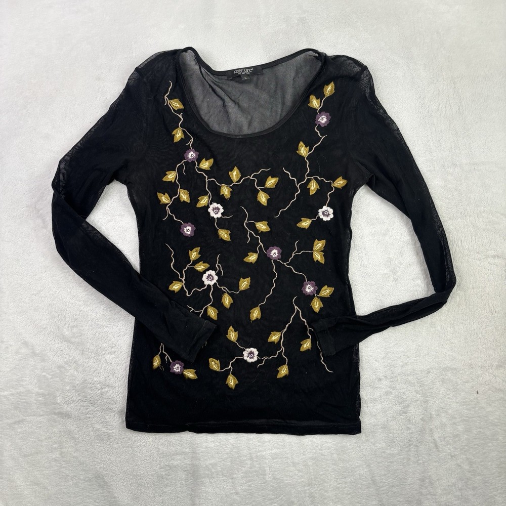 Y2K Karen Kane Black Sheer Lace Floral Emboridered LS Shirt Women's Large