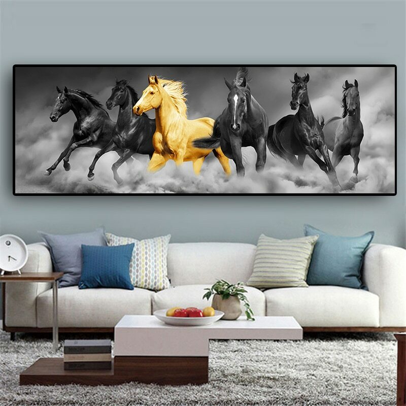 Canvas Painting Six Running Black and Gold Horse Animals Canvas Wall Art Picture