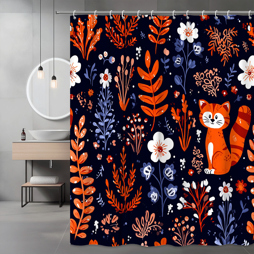 Orange Cat Floral Shower Curtain, Navy Background, Cute Print