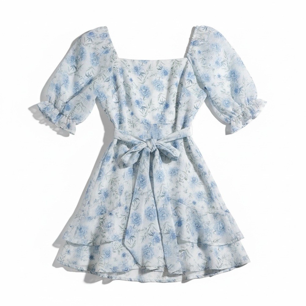 Audrey Parks for Francesca’s Romantic Blue Floral Puff Sleeve Tiered Dress- XL