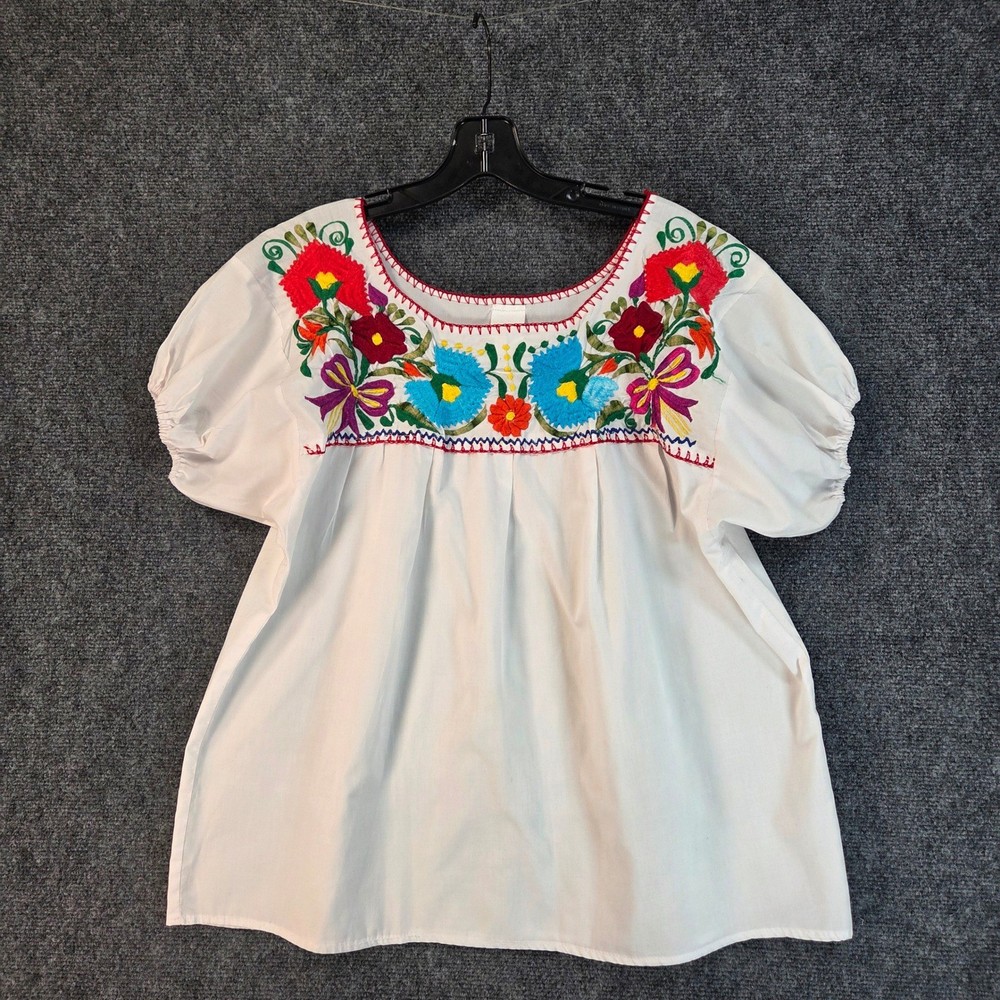 Artesanias Mexican Floral Embroidered Peasant Blouse Womens Large Mexico Art
