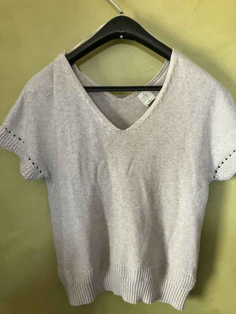 Joie Women's Beige Pointelle Knit V-Neck Short Sleeve Pullover Sweater XS
