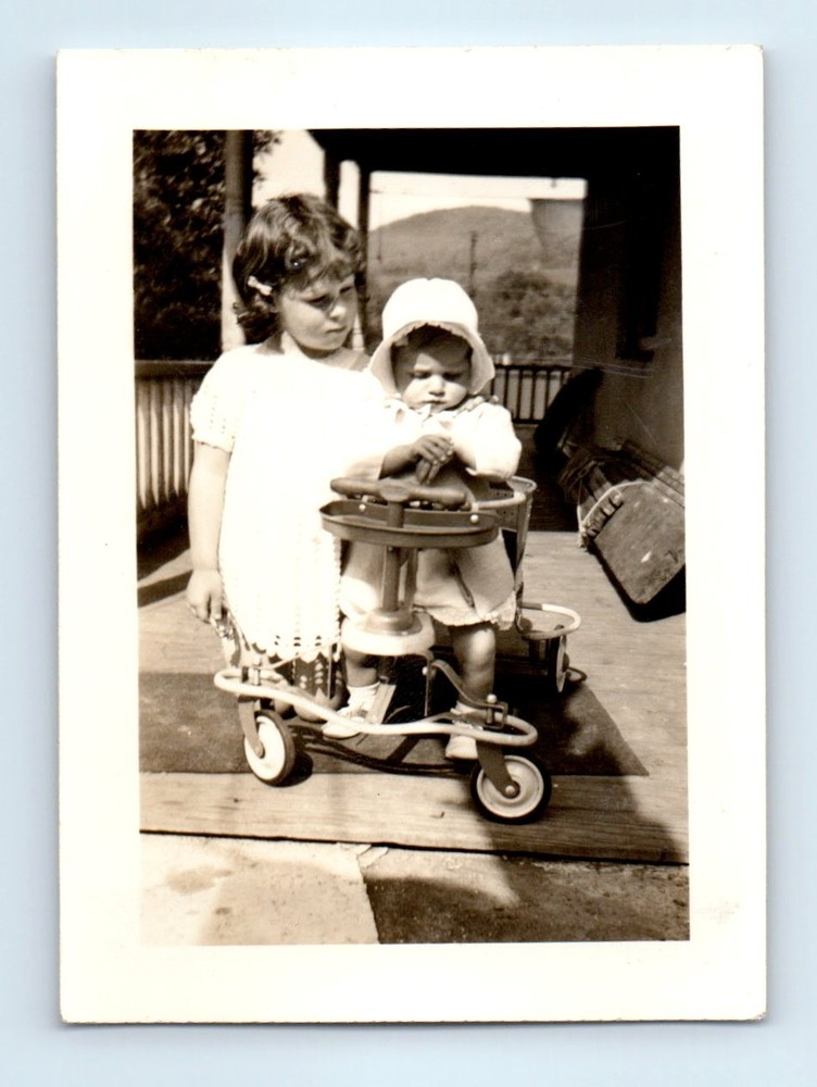 Old Vintage Photo GIRL AND TODDLER ON TAYLOR TOT STROLLER FOUND PHOTOGRAPH