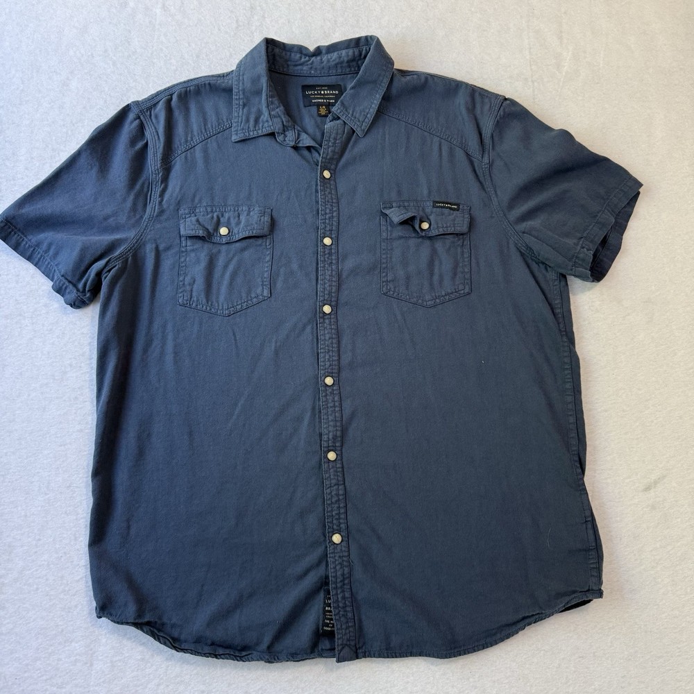Lucky Brand Pearl Snap Shirt Mens L Blue Viscose Western Rodeo Short Sleeve