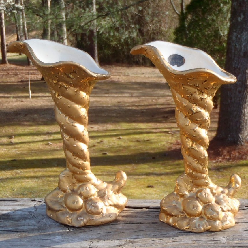 2 Antique GOLD CRAFT 22 Carat Weeping Gold Hand Decorated CORNUCOPIA VASES NR