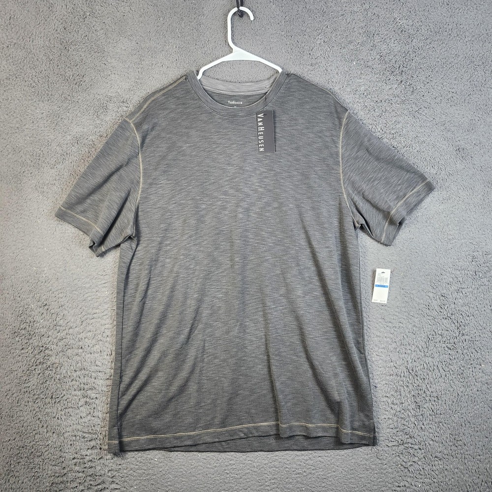 Van Heusen Shirt Mens XL Black 2 Tone Slub Rayon Blend Short Sleeve Crewneck
