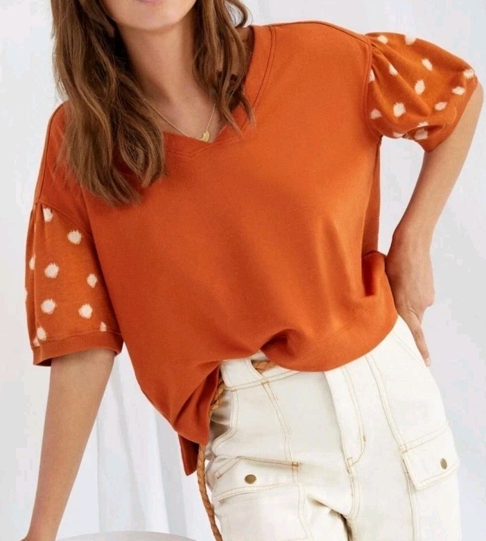 Anthropologie Women's Daily Practice Orange Rust Polka Dot Puff Sleeve Sz Small