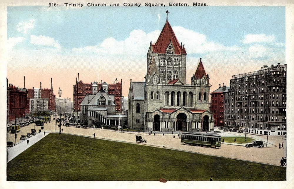 C1930s Trinity Church Copley Square Boston MA Linen Postcard Trolley Streetcar