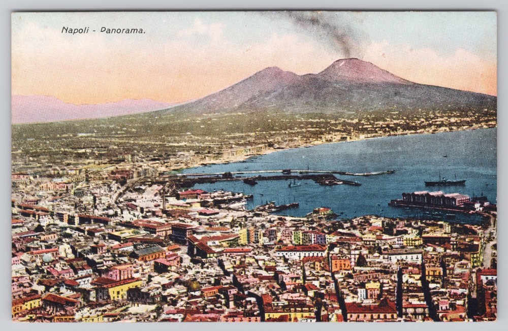 Naples Italy Mount Vesuvius Erupting Harbor Panorama Napoli Postcard c. 1910s