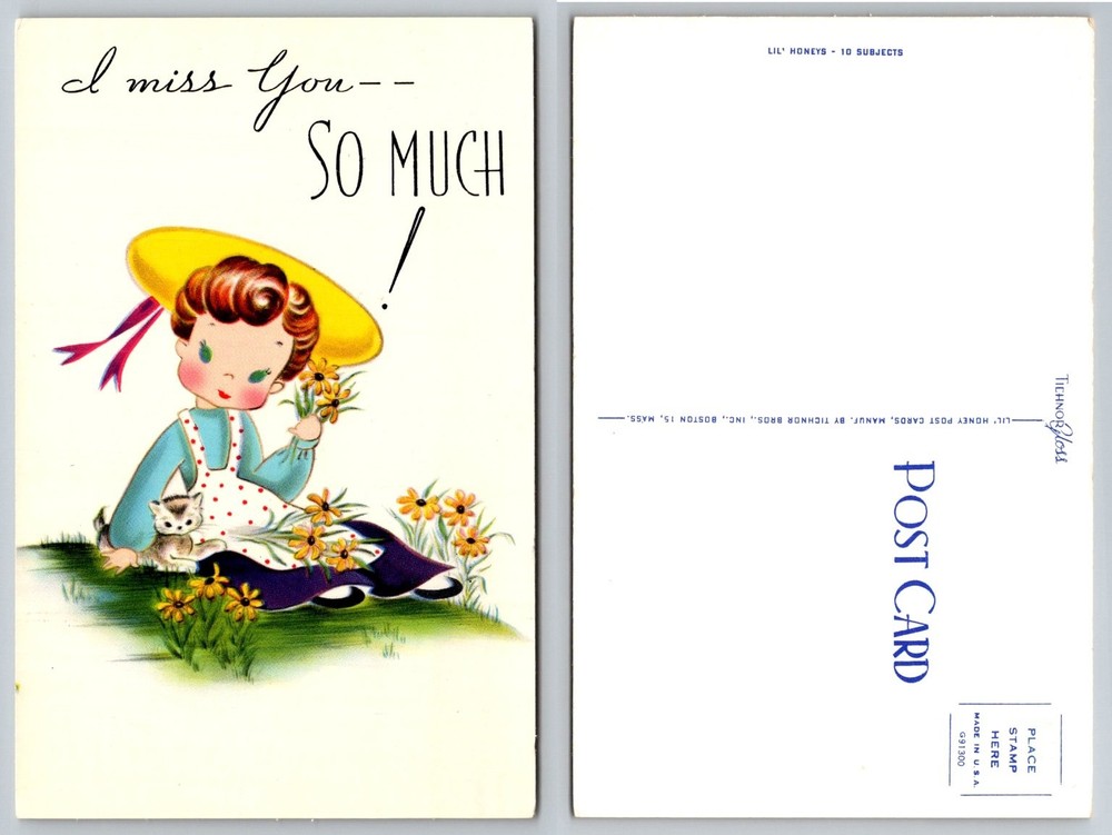 Vintage Lil' Honey Tichnor Postcard Girl Kitten Flowers 