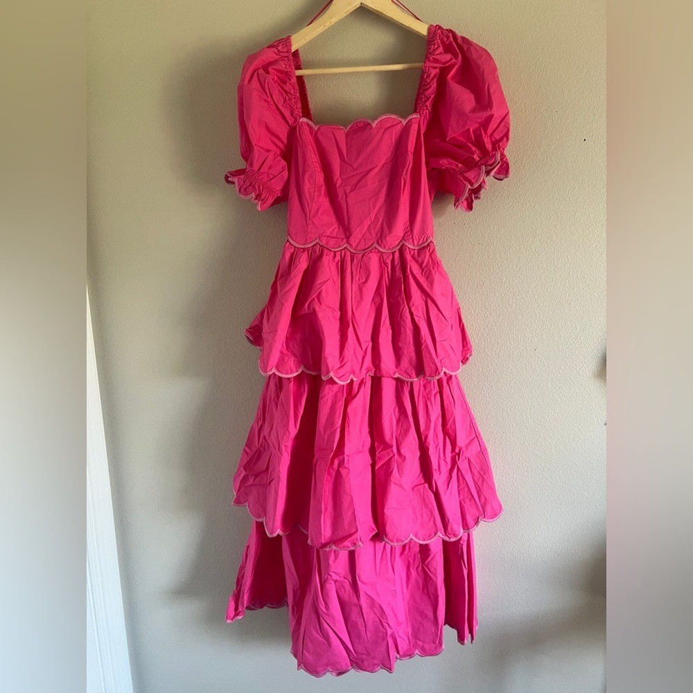 English Factory Tiered Scalloped Pink  Dress Medium NWT
