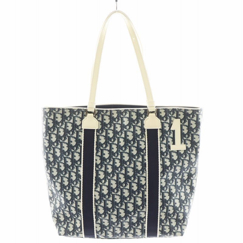 Christian Dior Trotter Tote Shoulder Bag Navy White PVC Logo Enamel Japan
